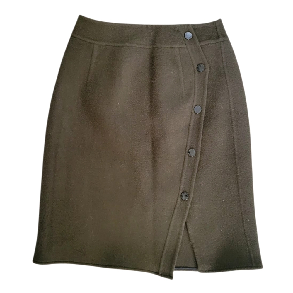 Sandro Olive Green Wool Mini Skirt with Asymmetric Button Front